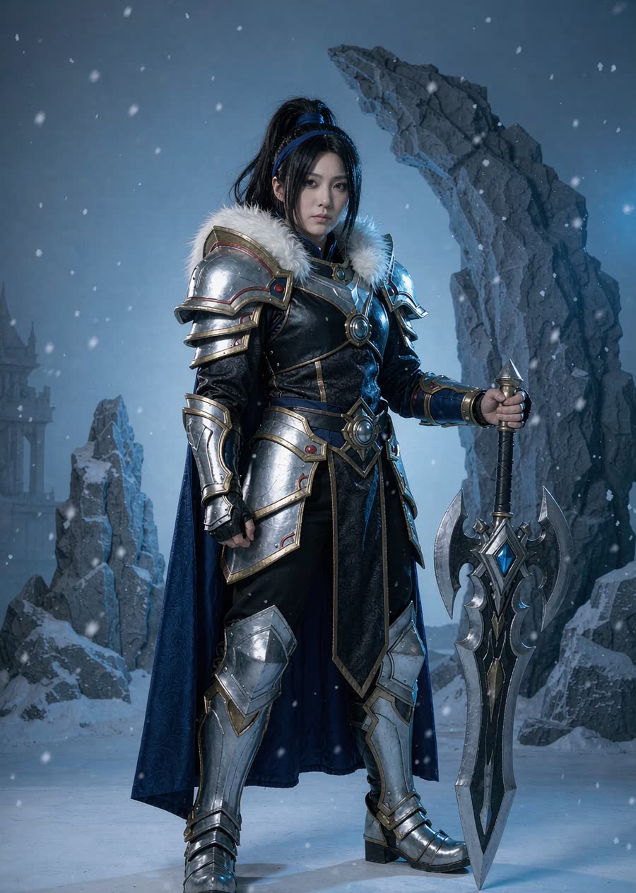 Guardian cosplay concept — silver plate armor and battle axe in a frozen mountain ruin