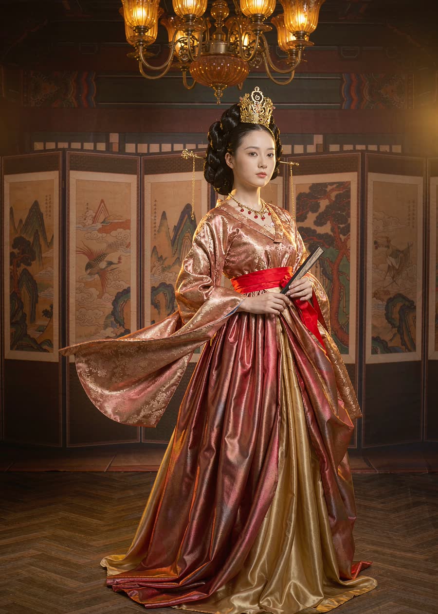 Hanbok royal court cosplay concept — rose and gold silk gown, palace ballroom