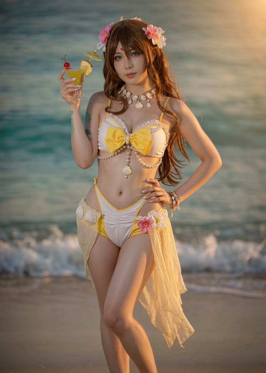A woman in a fantasy summer outfit with a sheer chiffon sarong over a swimsuit and shell jewelry, holding a tropical drink, golden-hour beach backdrop.