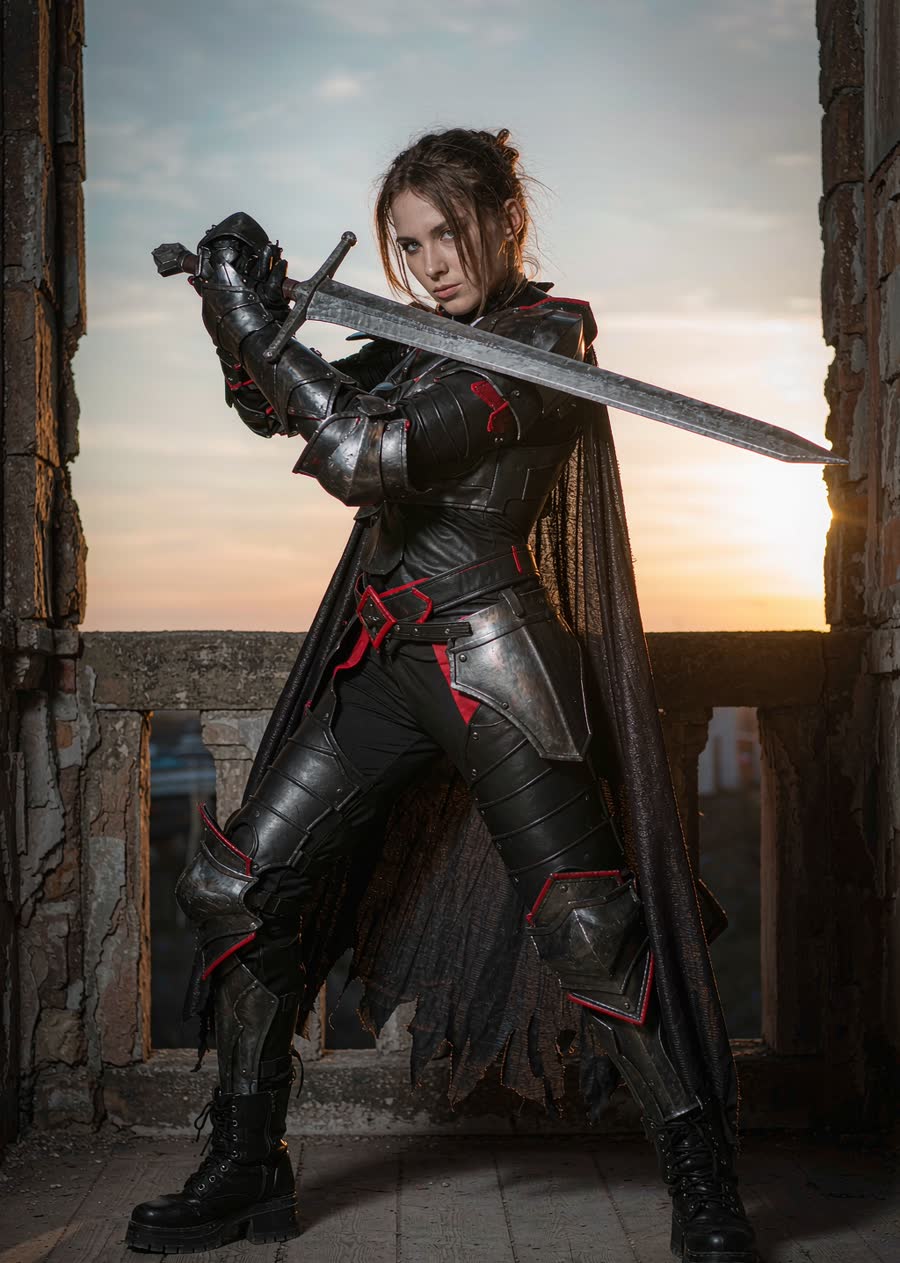 A woman in matte-black plate armor with crimson trim and a tattered cape, wielding a Kriegsmesser blade on her shoulder, gothic castle balcony at twilight.