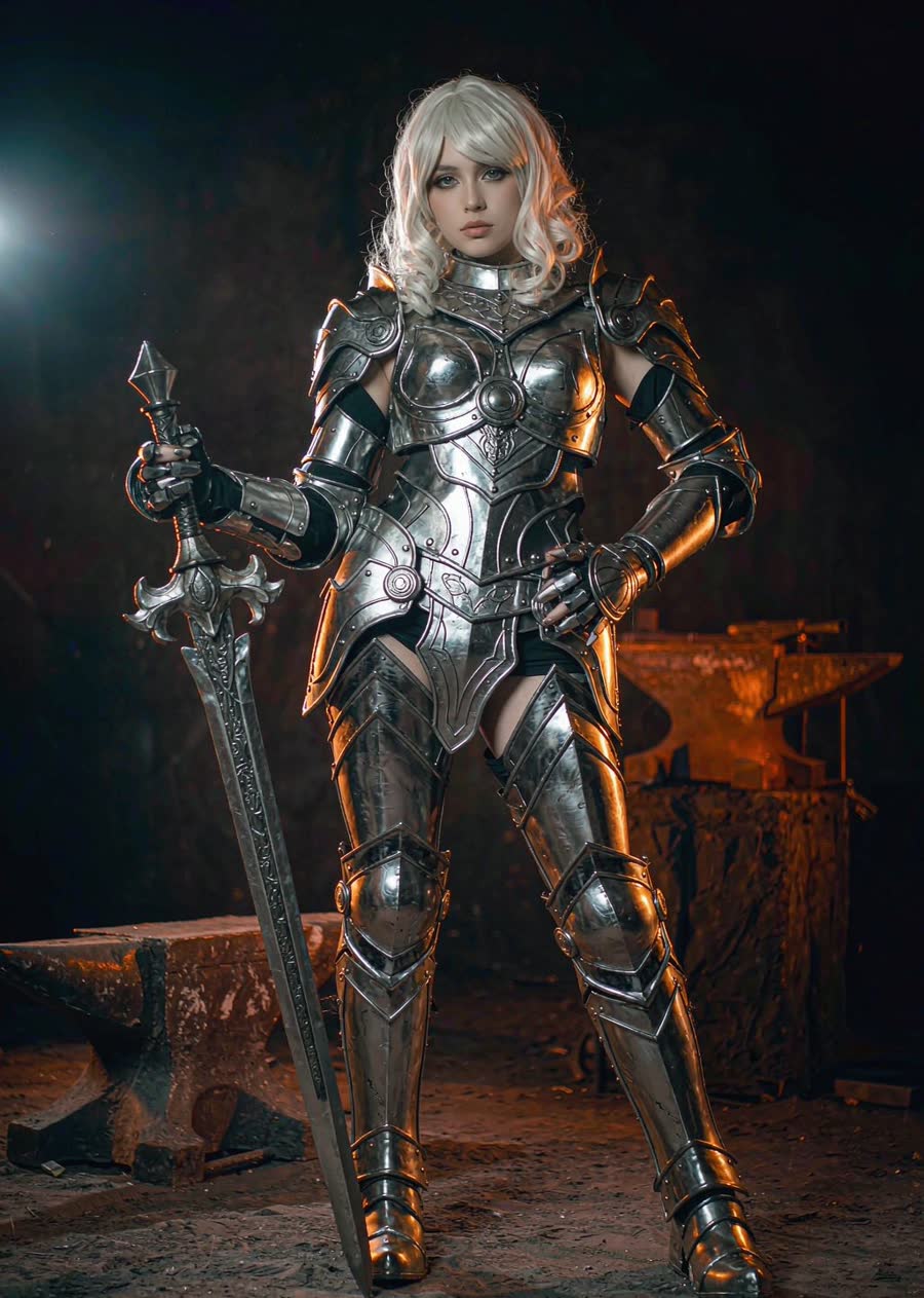A woman in sleek metallic silver armor with intricate shoulder plates and gauntlets, holding a glowing ornate large sword upright, dark forge backdrop with molten glow.