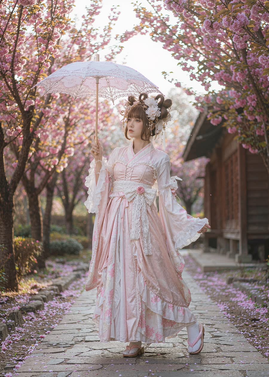 Cherry blossom cosplay concept — pink kimono walk through a Morning Light sakura path