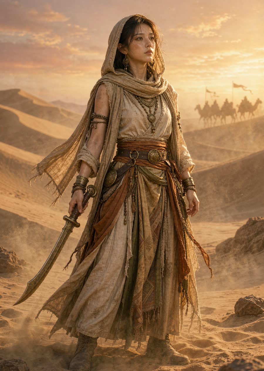 A woman in a layered desert explorer outfit of sand and ochre linen with bronze jewelry, head scarf, holding a curved scimitar, sand dune backdrop with distant caravan.