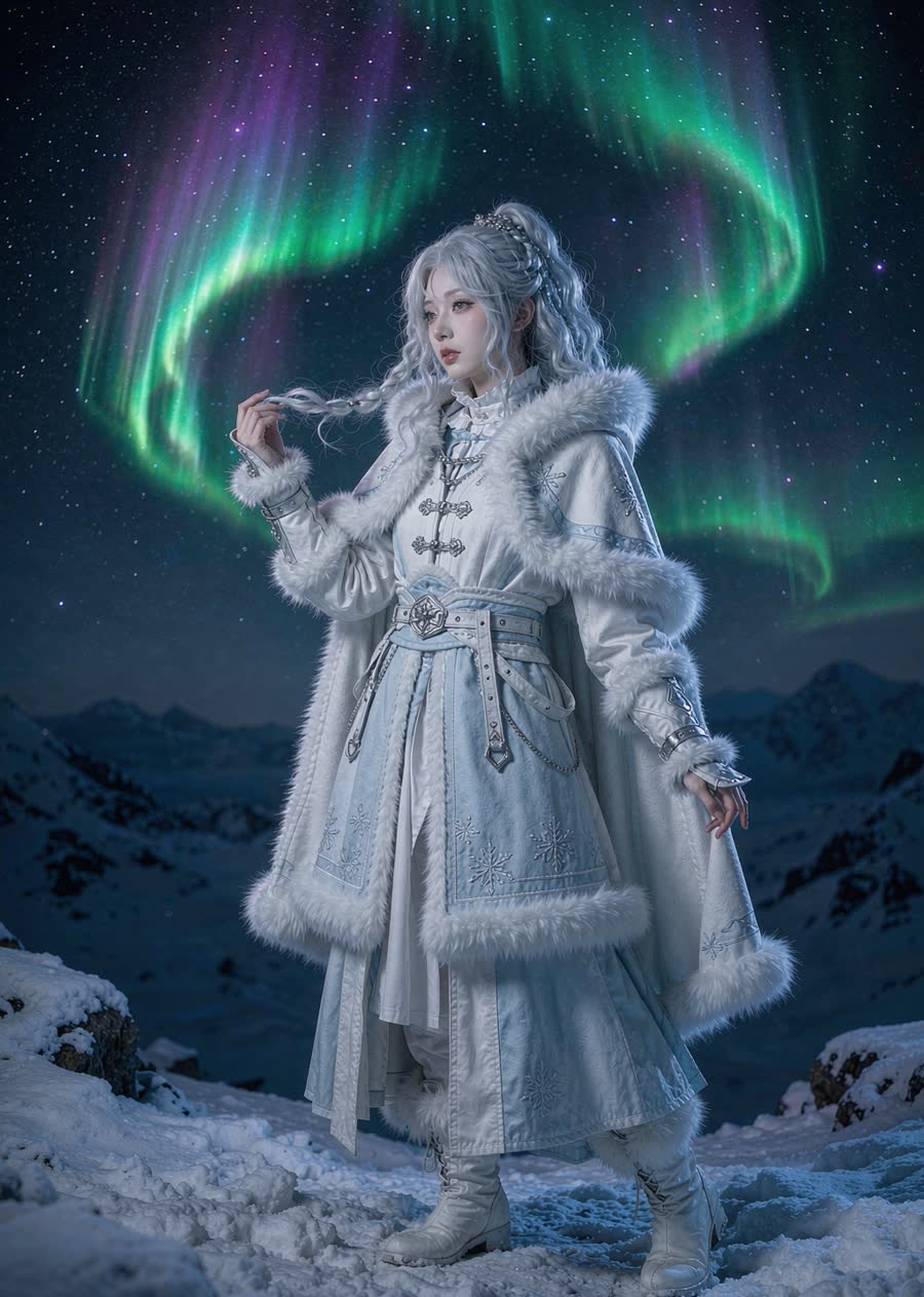 A woman in a thick fur-lined winter traveler outfit of white and pale-blue wool with silver clasps, standing on a snow-covered ridge beneath vivid green and violet aurora.